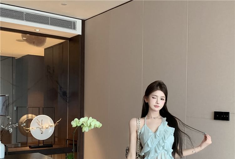 Halter-Neck Asymmetrical Ruffled Tie-Dyed Top