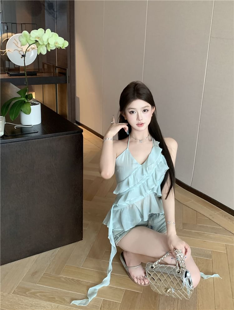 Halter-Neck Asymmetrical Ruffled Tie-Dyed Top