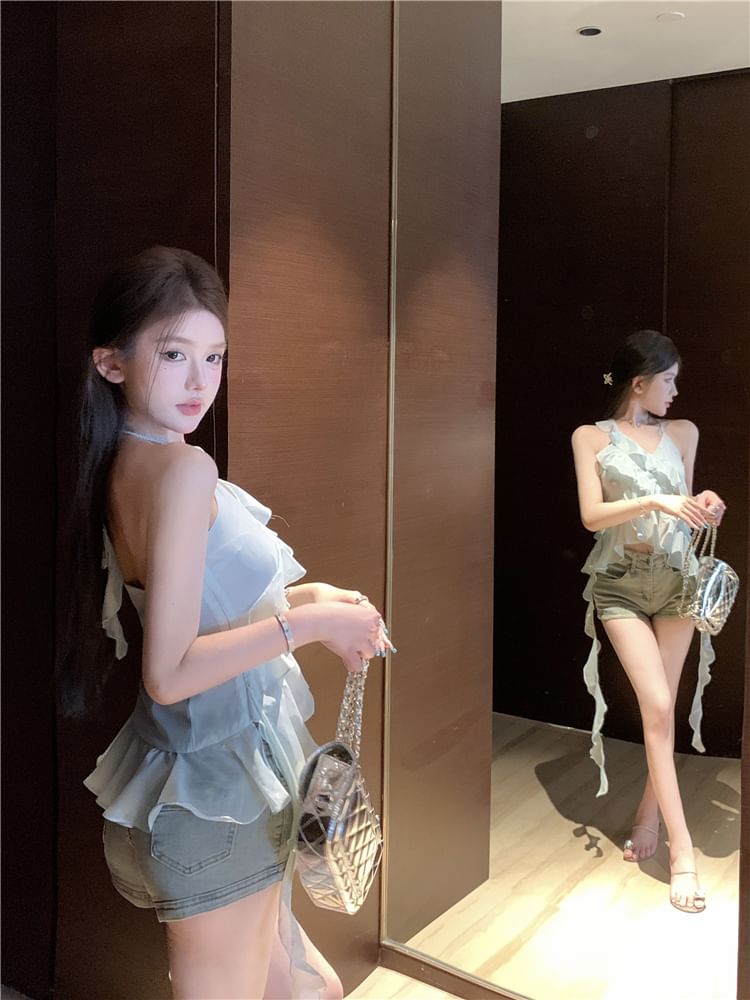 Halter-Neck Asymmetrical Ruffled Tie-Dyed Top