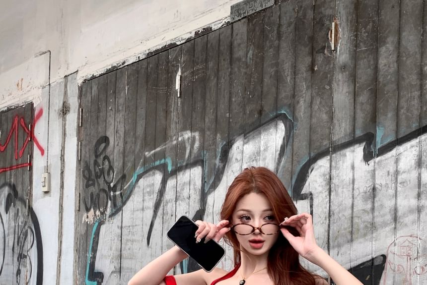 Pleated Crop Drawstring Mid A-Line Top / Mini Halter Plain Waist Skirt