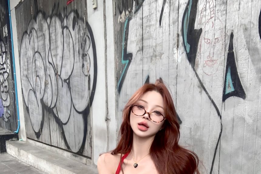 Pleated Crop Drawstring Mid A-Line Top / Mini Halter Plain Waist Skirt