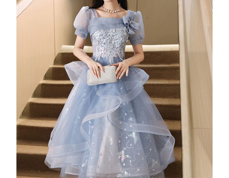 Cocktail / Butterfly Sleeve Gown Evening Floral Neck Puff Dress Embroidered Square Print A-Line Mesh