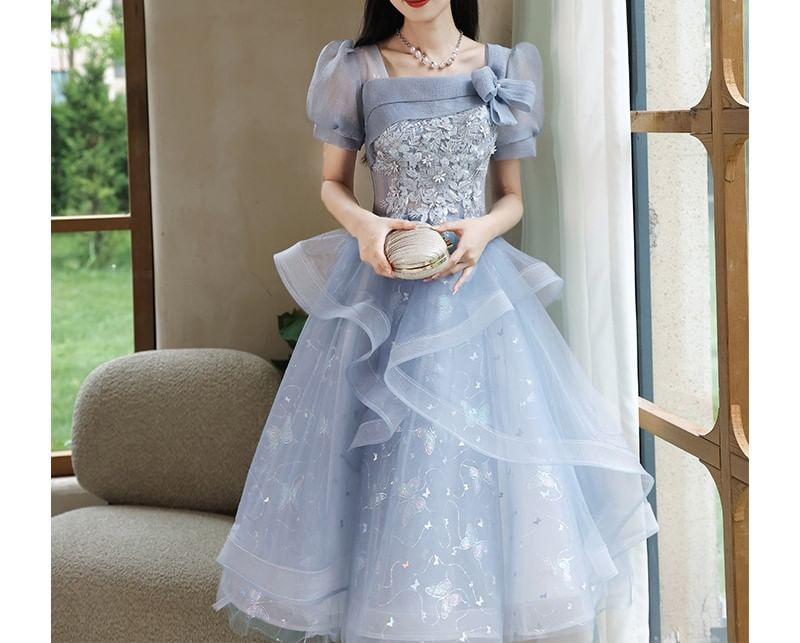 Cocktail / Butterfly Sleeve Gown Evening Floral Neck Puff Dress Embroidered Square Print A-Line Mesh