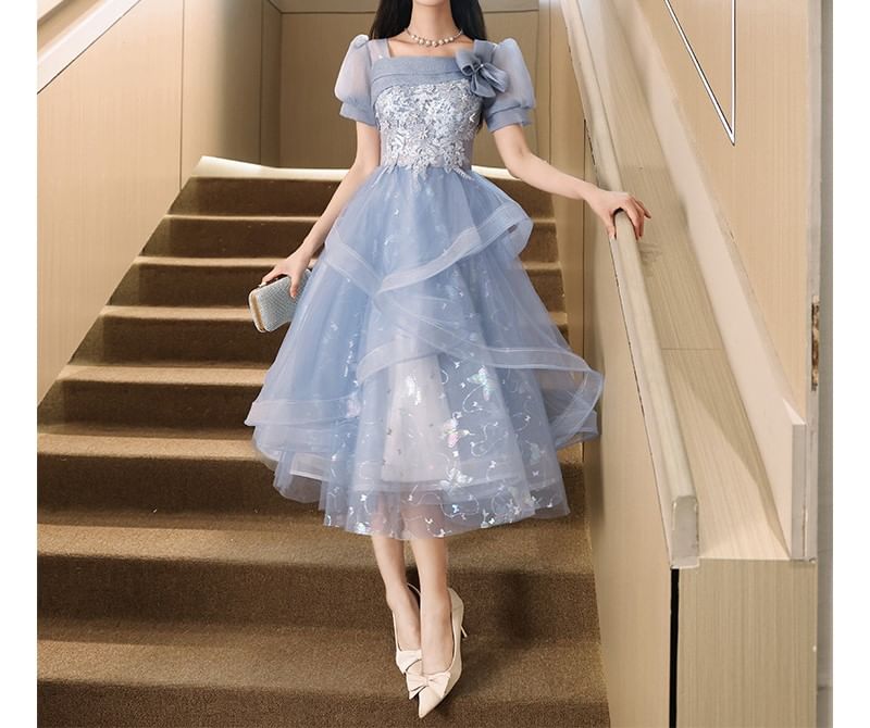 Cocktail / Butterfly Sleeve Gown Evening Floral Neck Puff Dress Embroidered Square Print A-Line Mesh