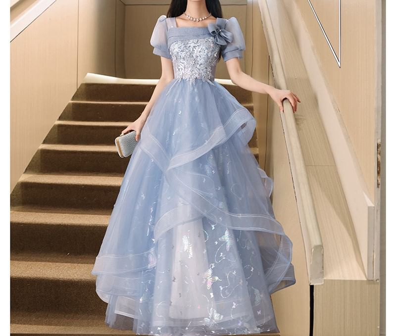 Cocktail / Butterfly Sleeve Gown Evening Floral Neck Puff Dress Embroidered Square Print A-Line Mesh