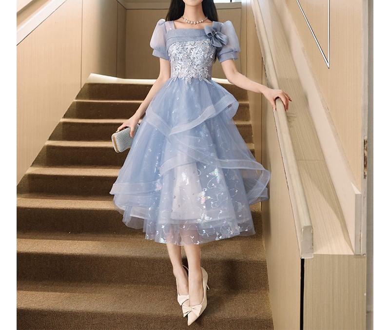 Cocktail / Butterfly Sleeve Gown Evening Floral Neck Puff Dress Embroidered Square Print A-Line Mesh