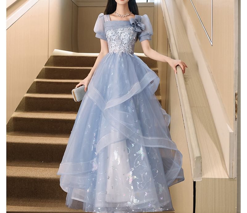 Cocktail / Butterfly Sleeve Gown Evening Floral Neck Puff Dress Embroidered Square Print A-Line Mesh