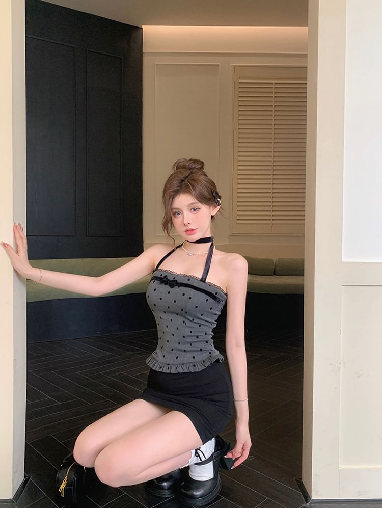 Dotted Halter-Neck Top Trim Ruffle Bow
