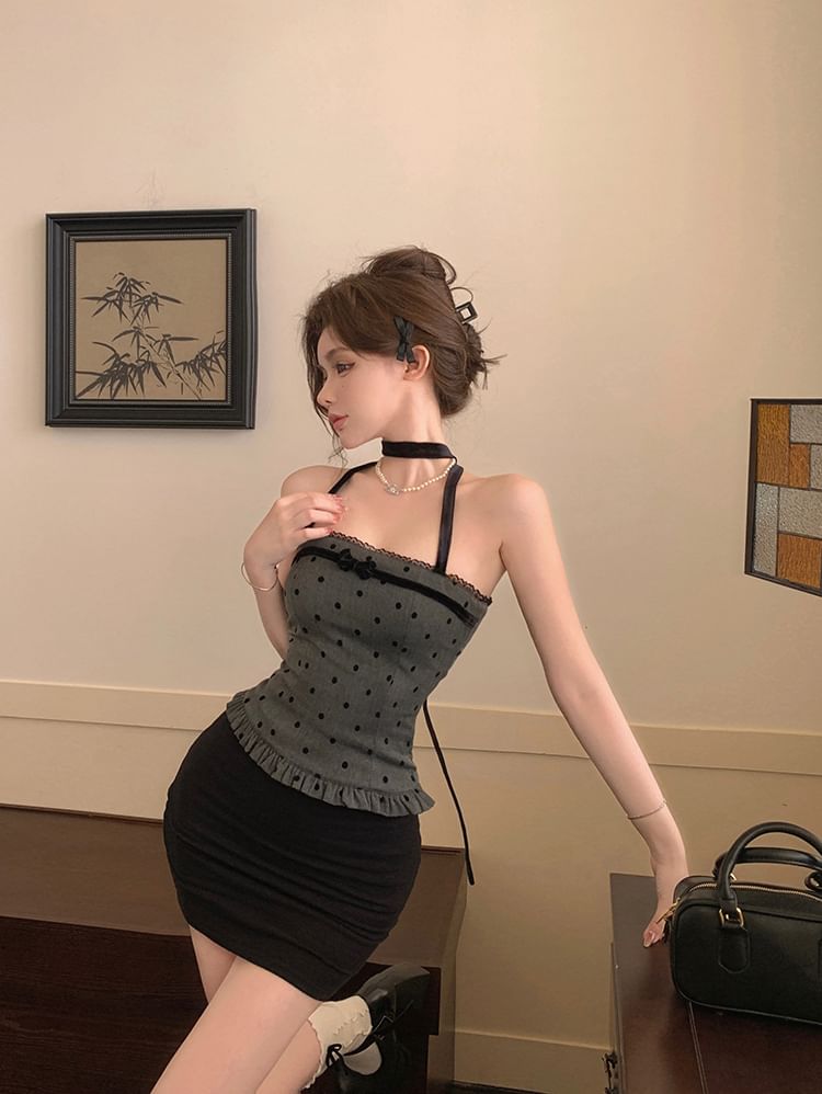 Dotted Halter-Neck Top Trim Ruffle Bow