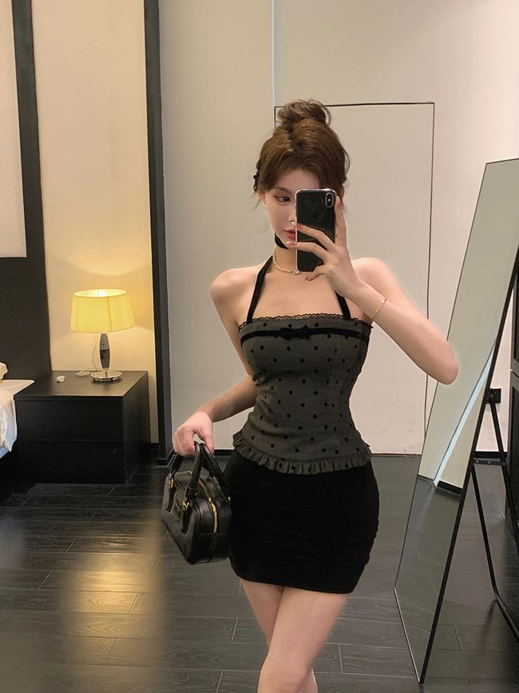 Dotted Halter-Neck Top Trim Ruffle Bow