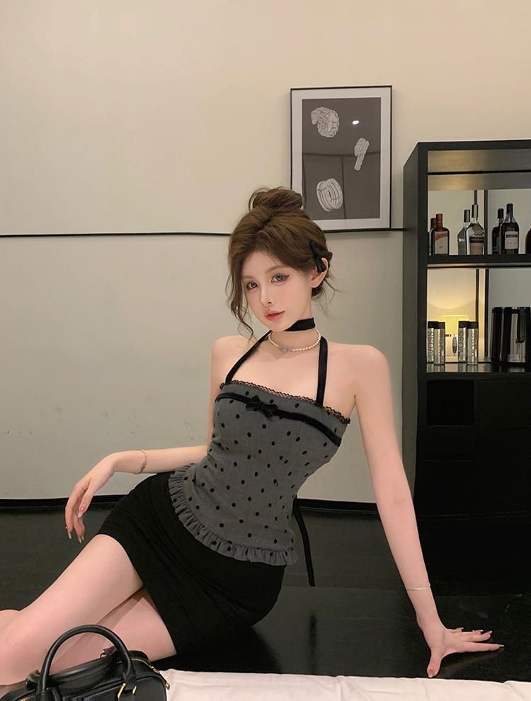 Dotted Halter-Neck Top Trim Ruffle Bow