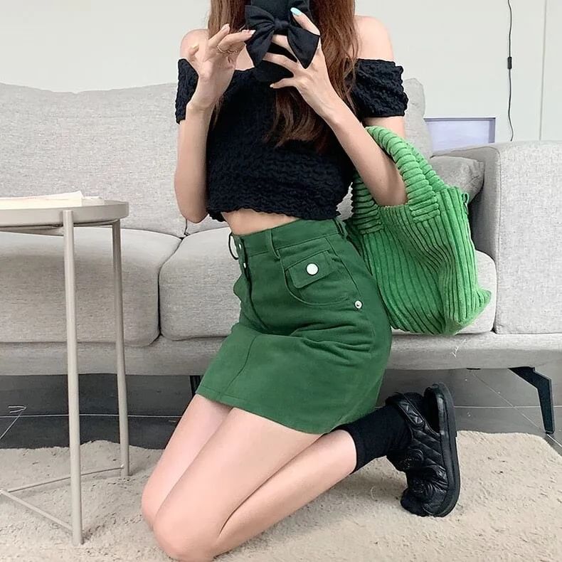 A-Line Denim Waist Plain High Skirt Mini