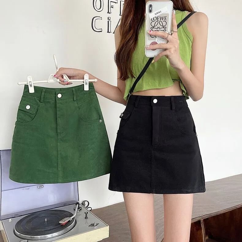 A-Line Denim Waist Plain High Skirt Mini