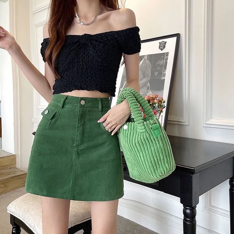 A-Line Denim Waist Plain High Skirt Mini