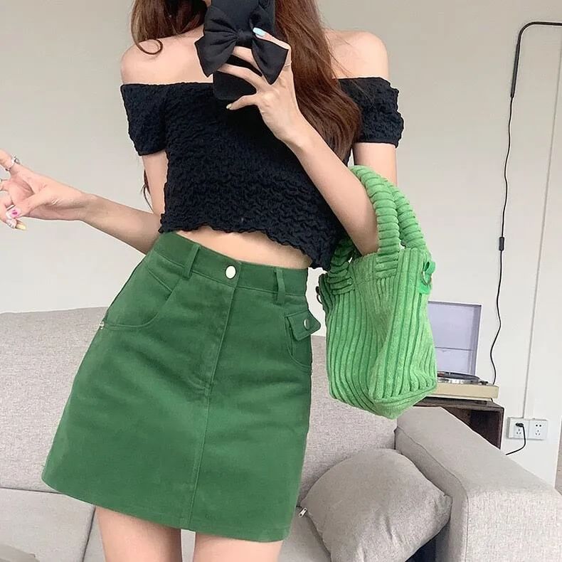 A-Line Denim Waist Plain High Skirt Mini