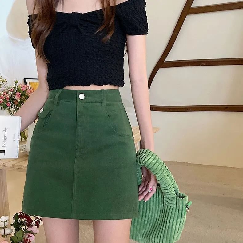 A-Line Denim Waist Plain High Skirt Mini