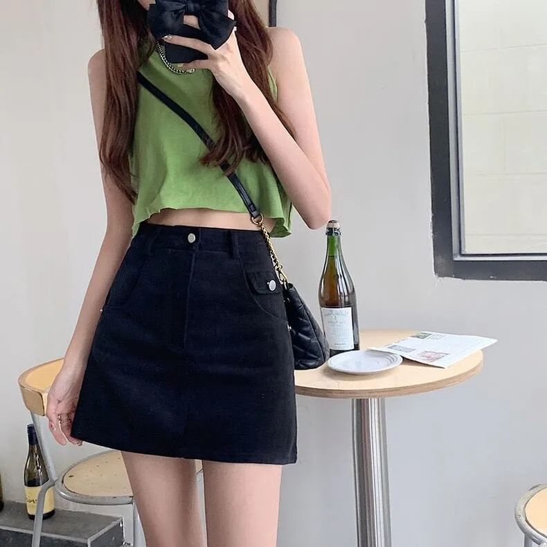 A-Line Denim Waist Plain High Skirt Mini