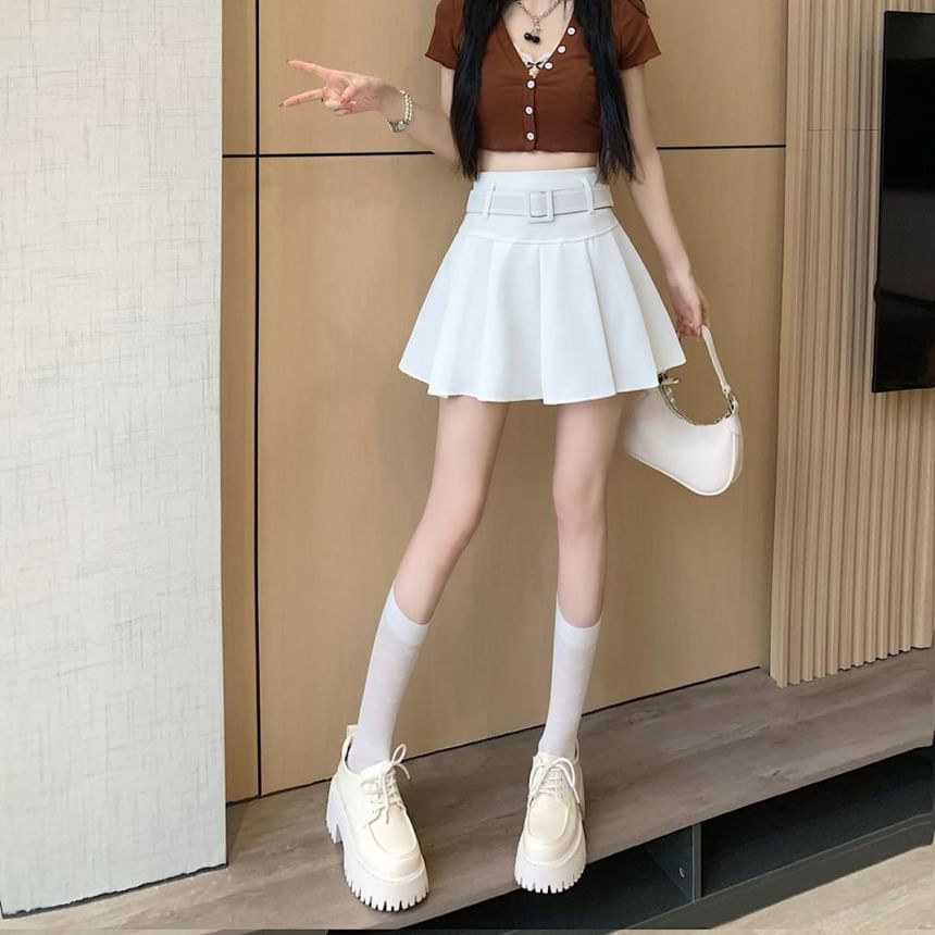 Pleated Mini Skirt Waist High Set A-line Plain Belt / Undershorts