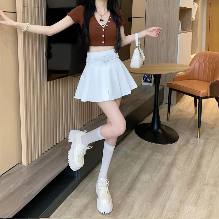Pleated Mini Skirt Waist High Set A-line Plain Belt / Undershorts