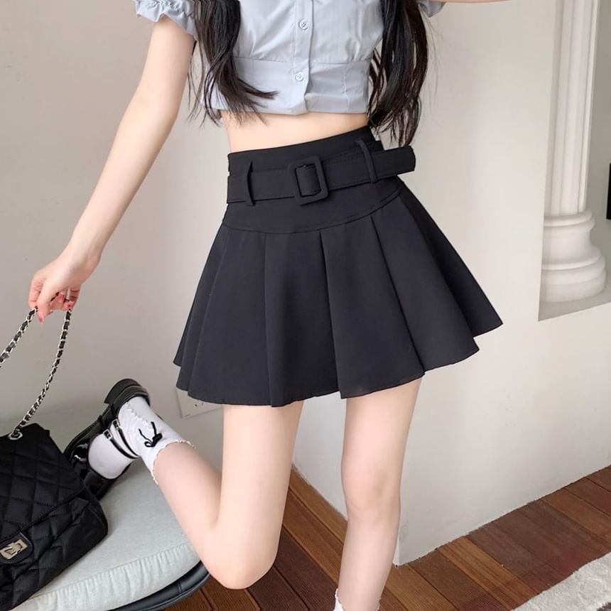 Pleated Mini Skirt Waist High Set A-line Plain Belt / Undershorts