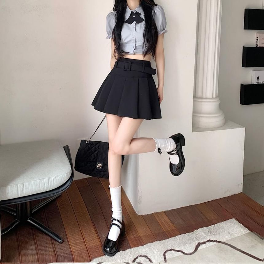 Pleated Mini Skirt Waist High Set A-line Plain Belt / Undershorts