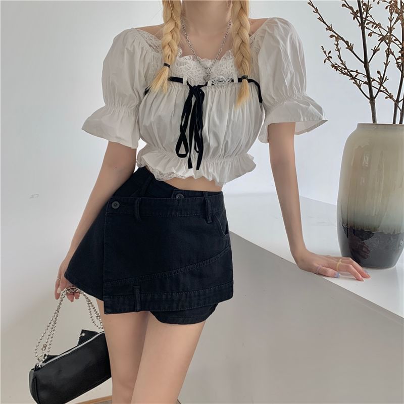 High Denim Skort Waist Asymmetrical