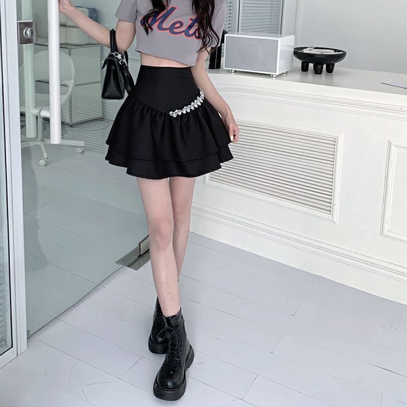 High Rhinestone Plain Rise A-Line Mini Skirt