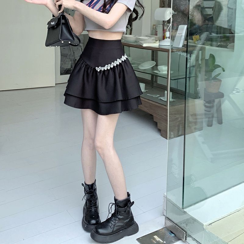 High Rhinestone Plain Rise A-Line Mini Skirt