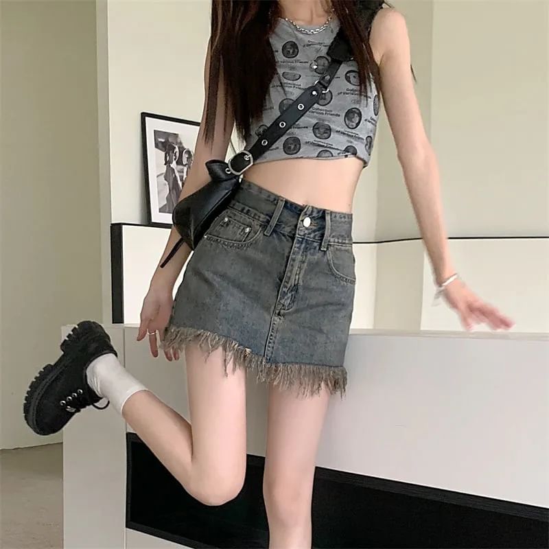 Fringed Skirt Denim High Hem Pencil Waist Mini