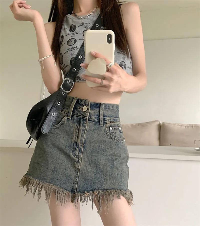 Fringed Skirt Denim High Hem Pencil Waist Mini