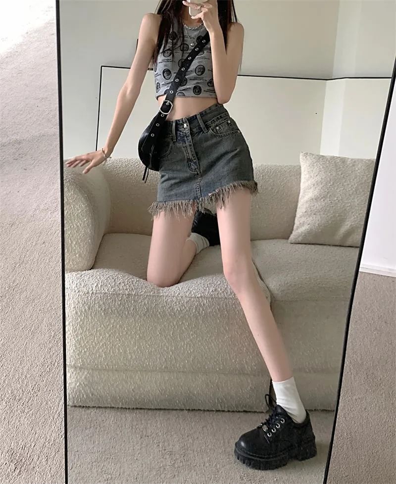 Fringed Skirt Denim High Hem Pencil Waist Mini