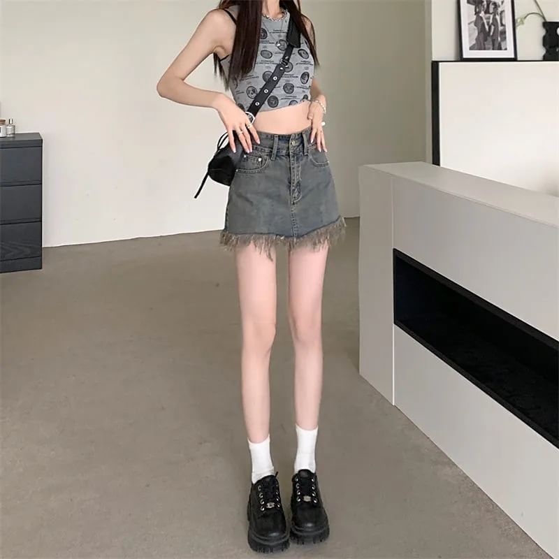 Fringed Skirt Denim High Hem Pencil Waist Mini