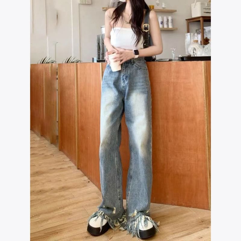 Waist Leg Ripped High Jeans Wide