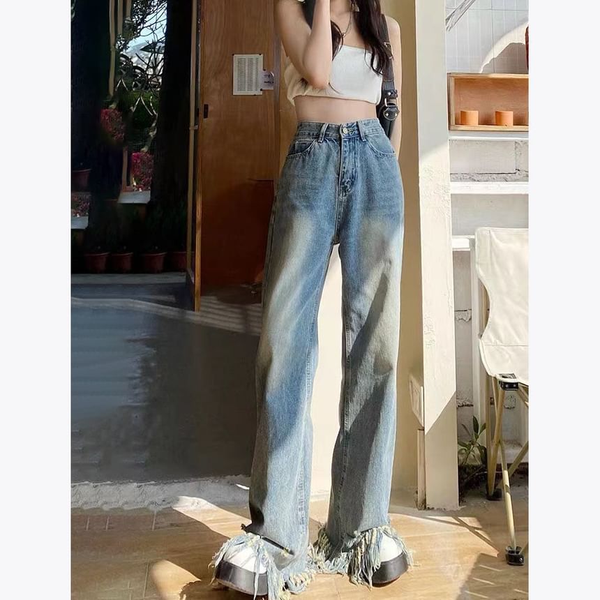 Waist Leg Ripped High Jeans Wide