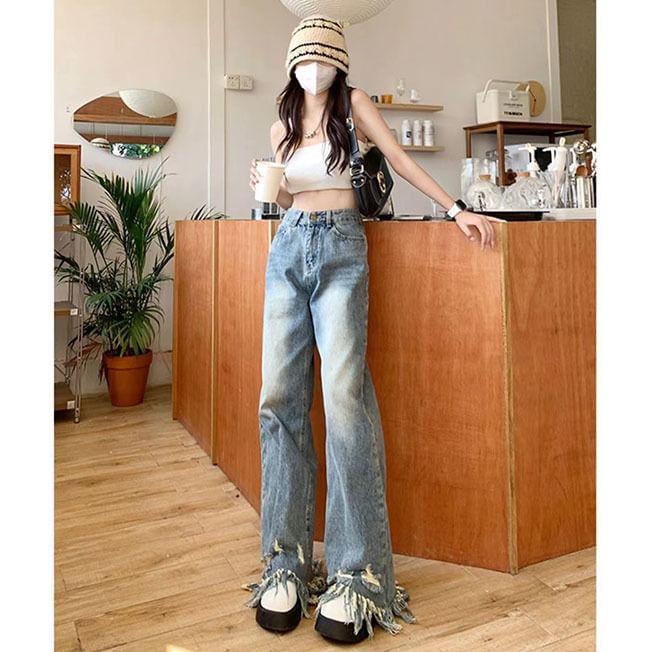 Waist Leg Ripped High Jeans Wide