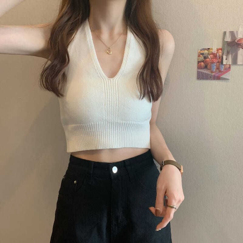 Cropped Top V-Neck Plain Knit Halter