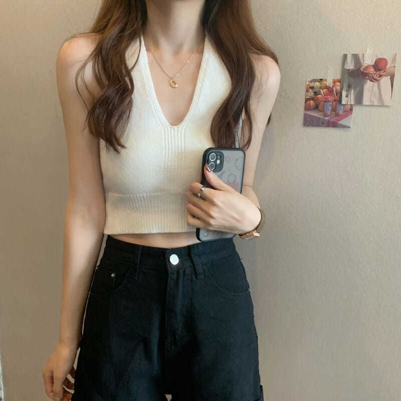 Cropped Top V-Neck Plain Knit Halter