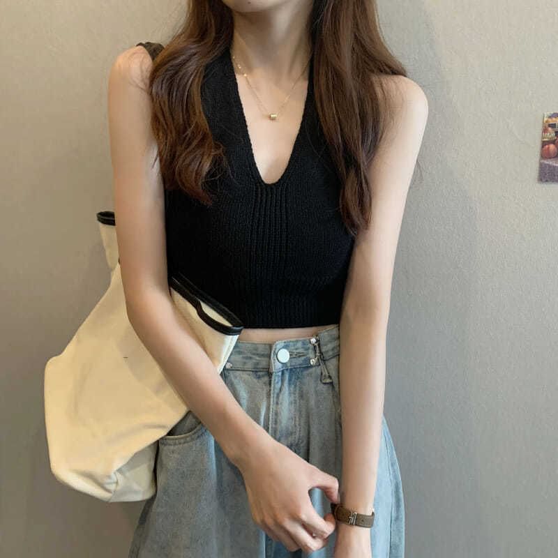 Cropped Top V-Neck Plain Knit Halter