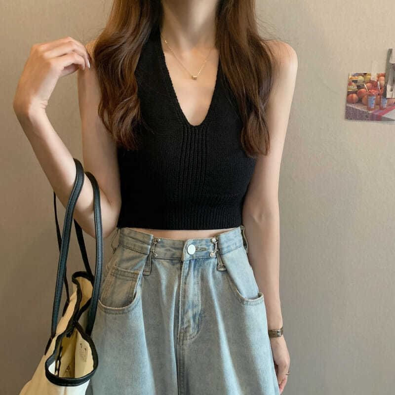 Cropped Top V-Neck Plain Knit Halter