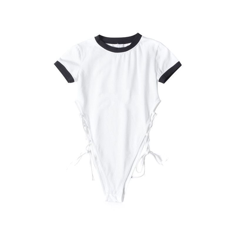 Neck Crew Short-Sleeve Top Bodysuit Plain Lace-Up
