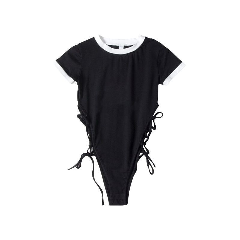 Neck Crew Short-Sleeve Top Bodysuit Plain Lace-Up