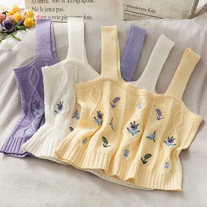 Cropped Knit Flower Top Camisole Embroidered