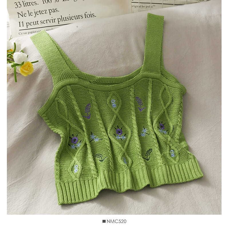 Cropped Knit Flower Top Camisole Embroidered