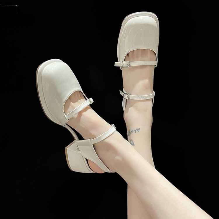 Pumps Slingback Square Leather Toe Heel Block Mary Jane Patent D'Orsay