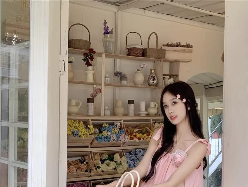 Detail Plain Flower Spaghetti Maxi Strap Sundress