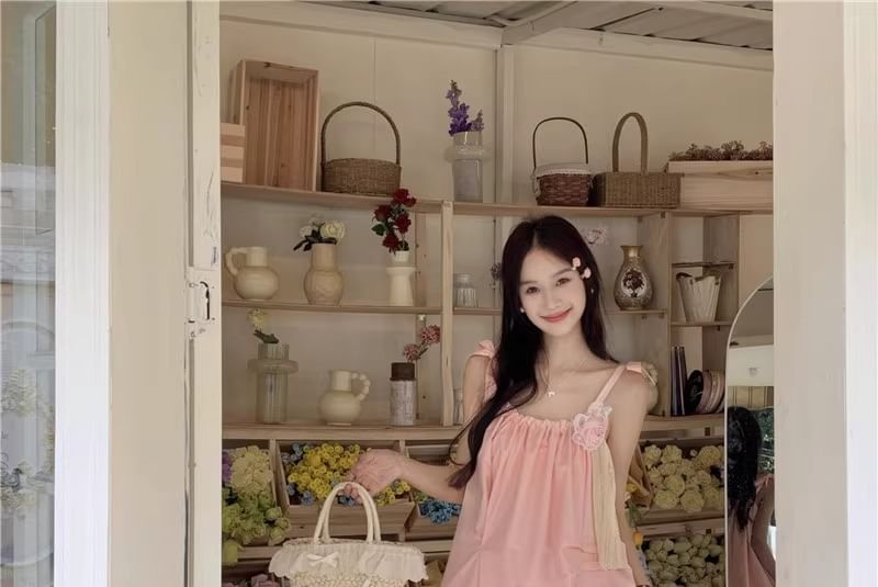 Detail Plain Flower Spaghetti Maxi Strap Sundress