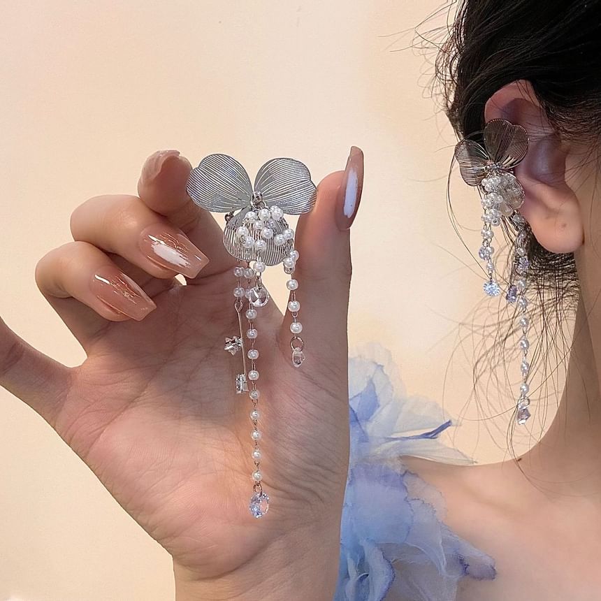 Faux Ear Floral Rhinestone Pearl Cuff Fringed