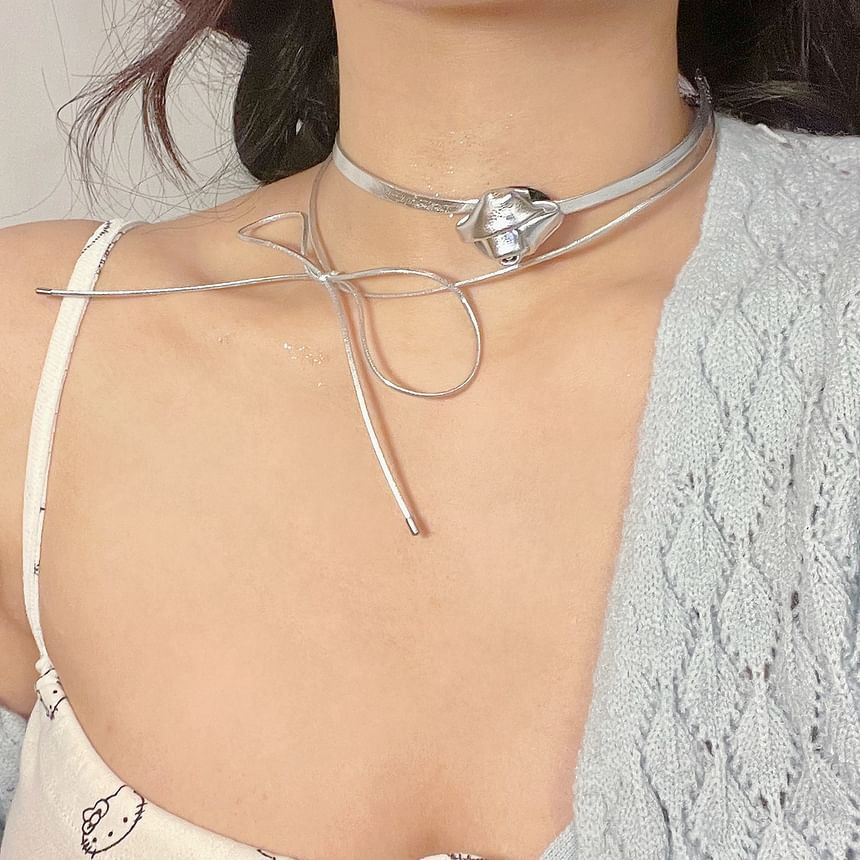 Leather Choker Faux Floral Layered Bow