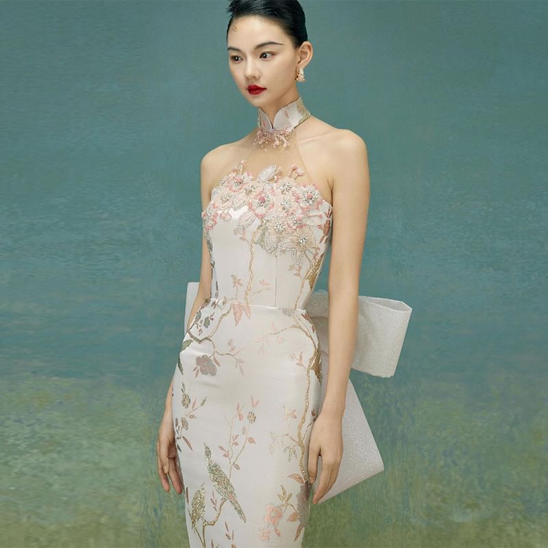 Gown Bow Mermaid Floral Evening Back Halter