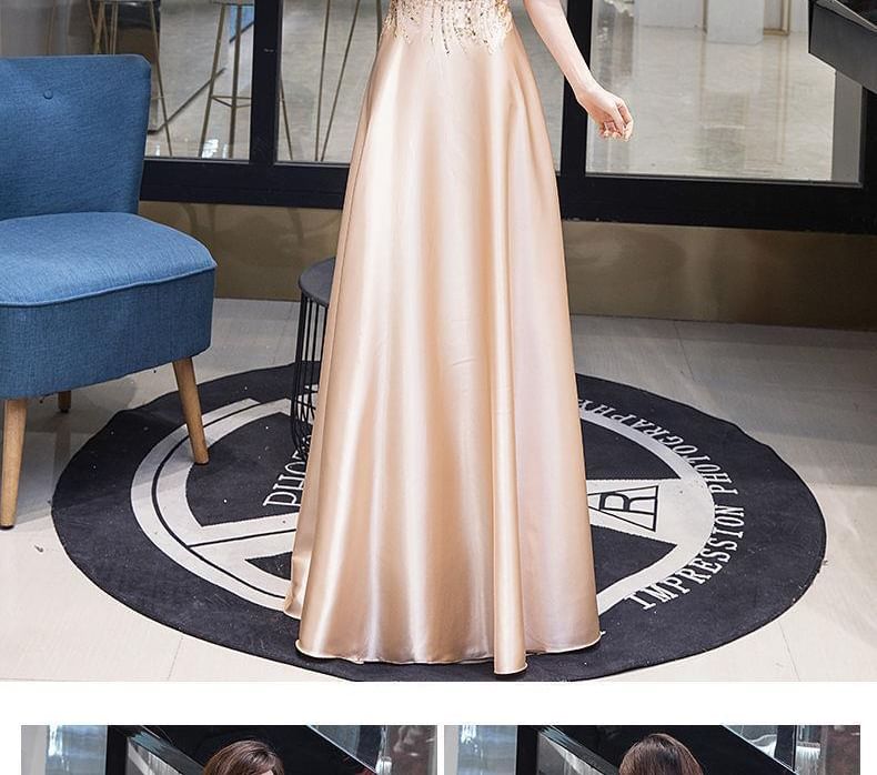 Sequin Short-Sleeve A-Line Evening Gown